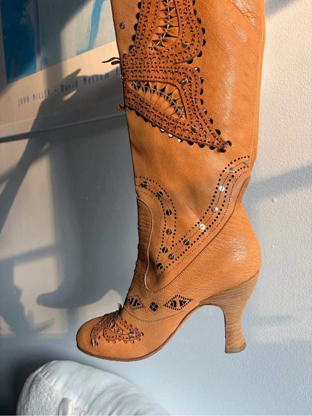 Anna Sui Tan Over-the-Knee Embroidered Leather Boots